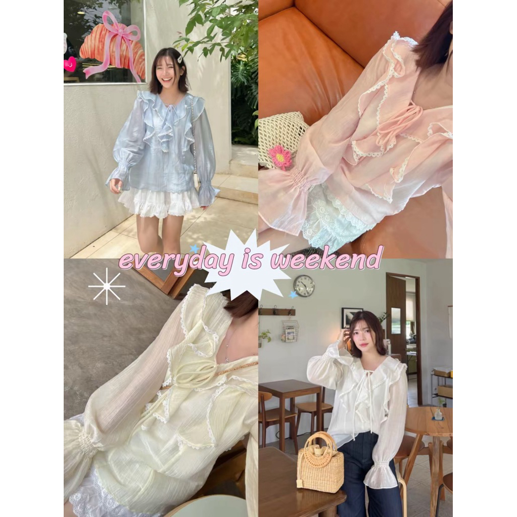 top047- 🍡🧘🏻‍♀️ everyday is weekend top ✨🧸🍰 เสื้อระบายฟรุ้งฟริ้ง