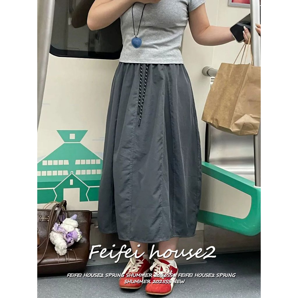 [Feifei-Quick-dry fabric long skirt]ผู้หญิงสไตล์วินเทจสตรีทสีพื้นทรงหลวมทำให้ผอมกระโปรงยาวครึ่งตัว