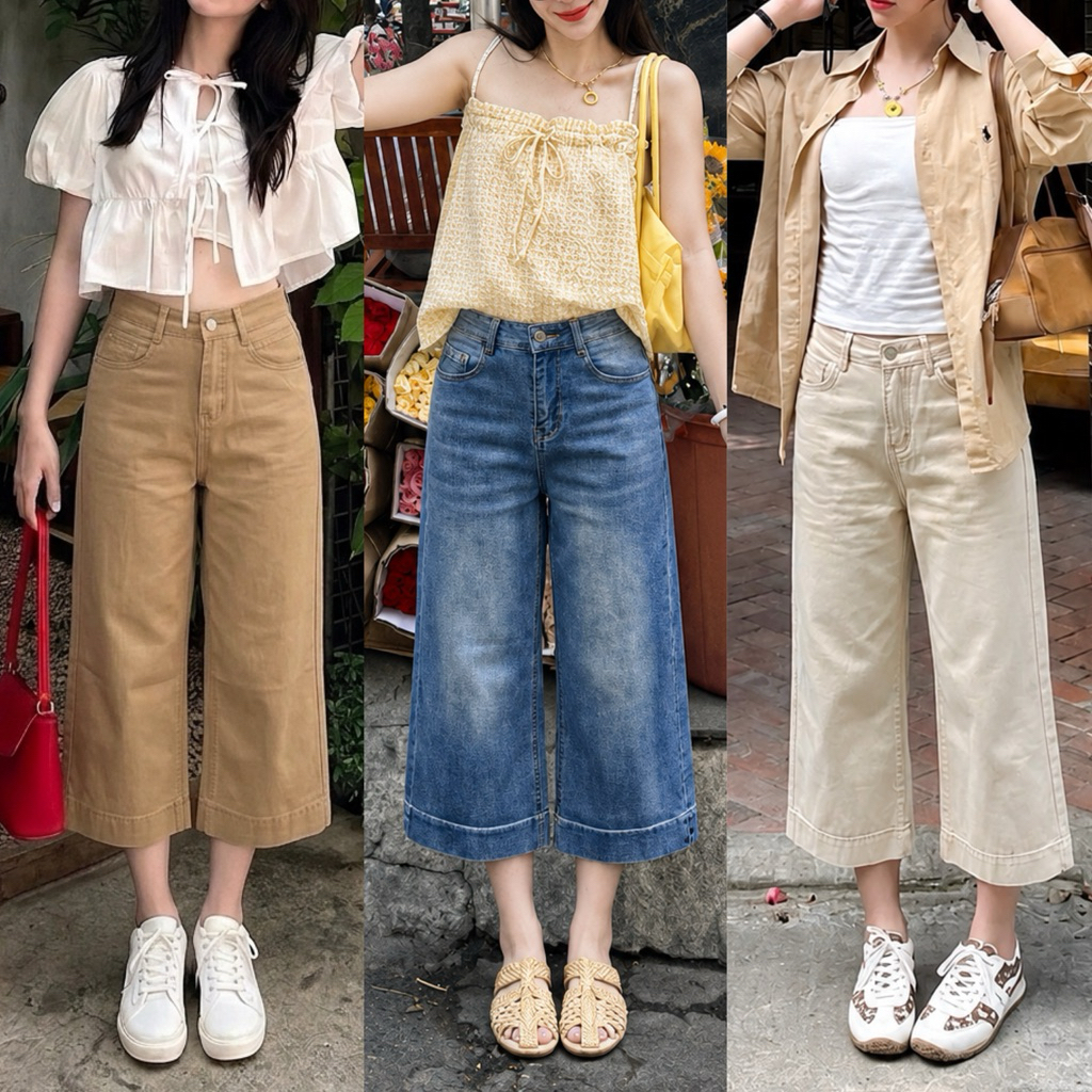 ยีนส์กระบอกกลาง 7 ส่วน ผ้ายืด หนานุ่ม สี ยีนส์ฟอก น้ำตาล ครีม ความยาว 31 นิ้ว