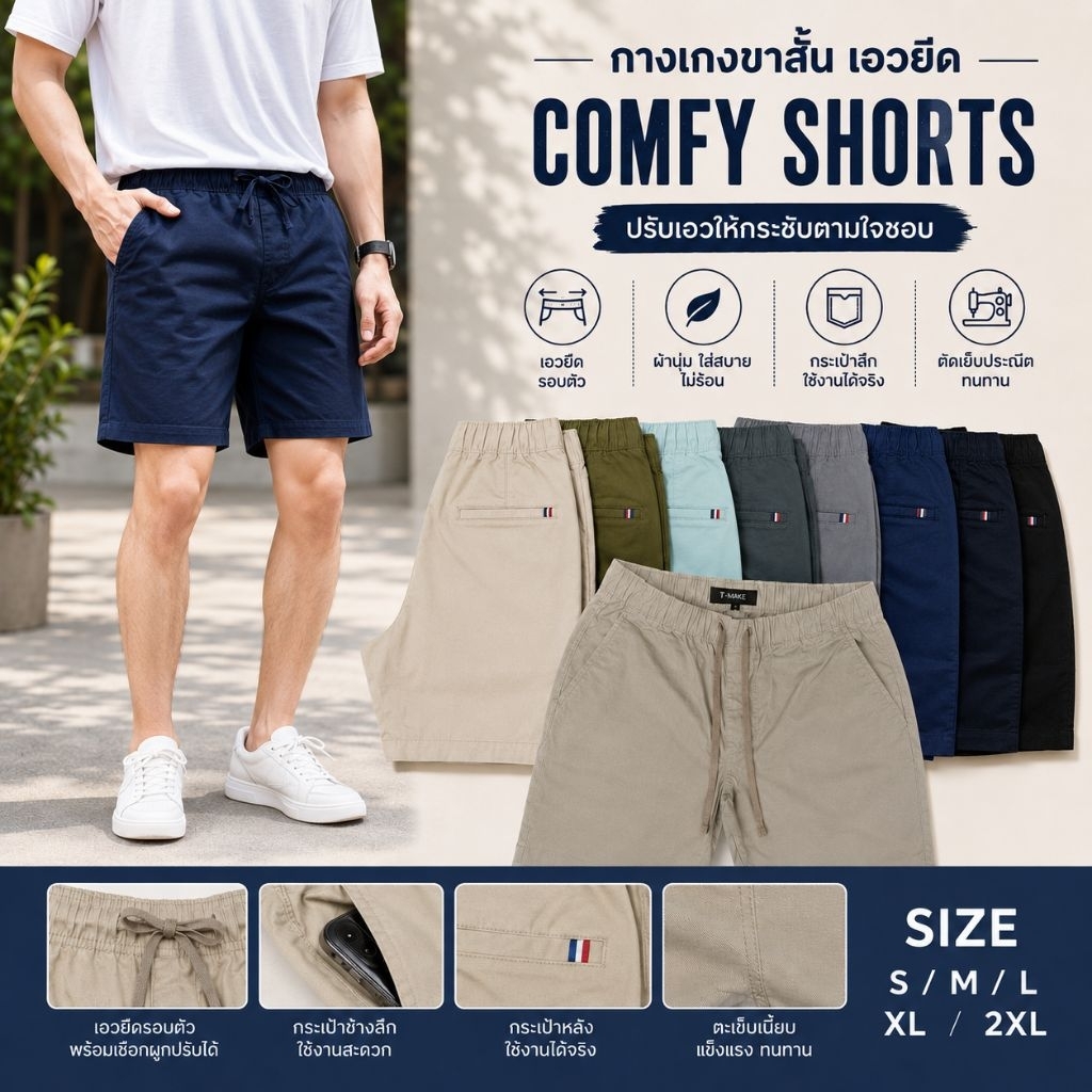 กางเกงขาสั้น เอวยืด ผ้า Cotton Spandex ความยาว 16" พร้อมเชือกรูด ปรับเอวให้กระชับตามใจชอบ
