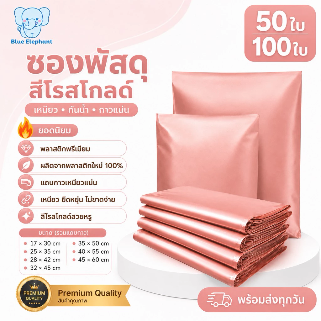 Blue Elephant ซองพัสดุสีโรสโกลด์ เกรดA (50ใบ/100ใบ) ซองเหนียว กันน้ำ ใช้งานสะดวก ขนาดรวมแถบกาว