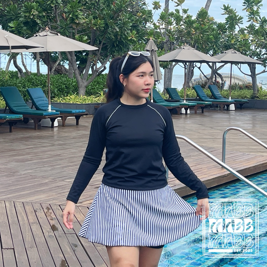 MABB - Off White Swimwear ชุดว่ายน้ำแขนยาว กระโปรงกางเกง เซ็ต3ชิ้น ชุดว่ายน้ำสาวอวบ ไซส์ใหญ่