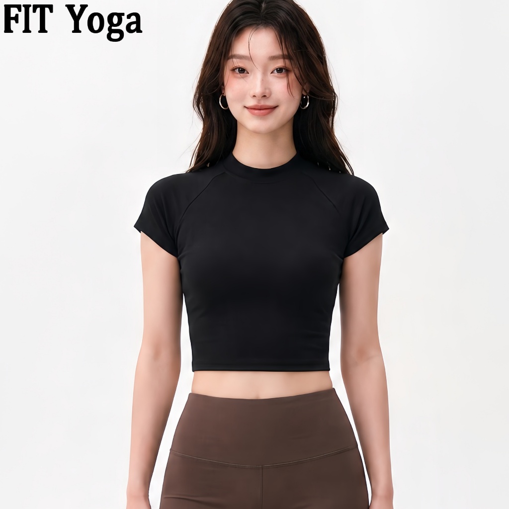 FitYoga เสื้อยืดสั้นสไตล์อเมริกัน ผู้หญิง รุ่นใหม่ฤดูร้อน รัดรูป สั้นตัว พรางหุ่น