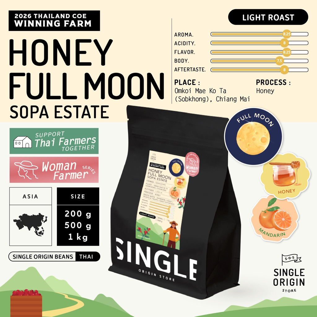 เมล็ดกาแฟคั่วอ่อน Honey Fullmoon - Sopa Estate (Light Roast) (Specialty Coffee)