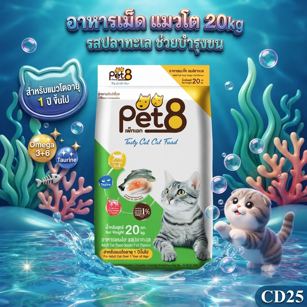 Pet8 Cat Food Tuna 20 Kg. อาหารแมว สูตรปลาทะเล บำรุงผิวหนังและขน สำหรับแมวโต 1 ปีขึ้นไป