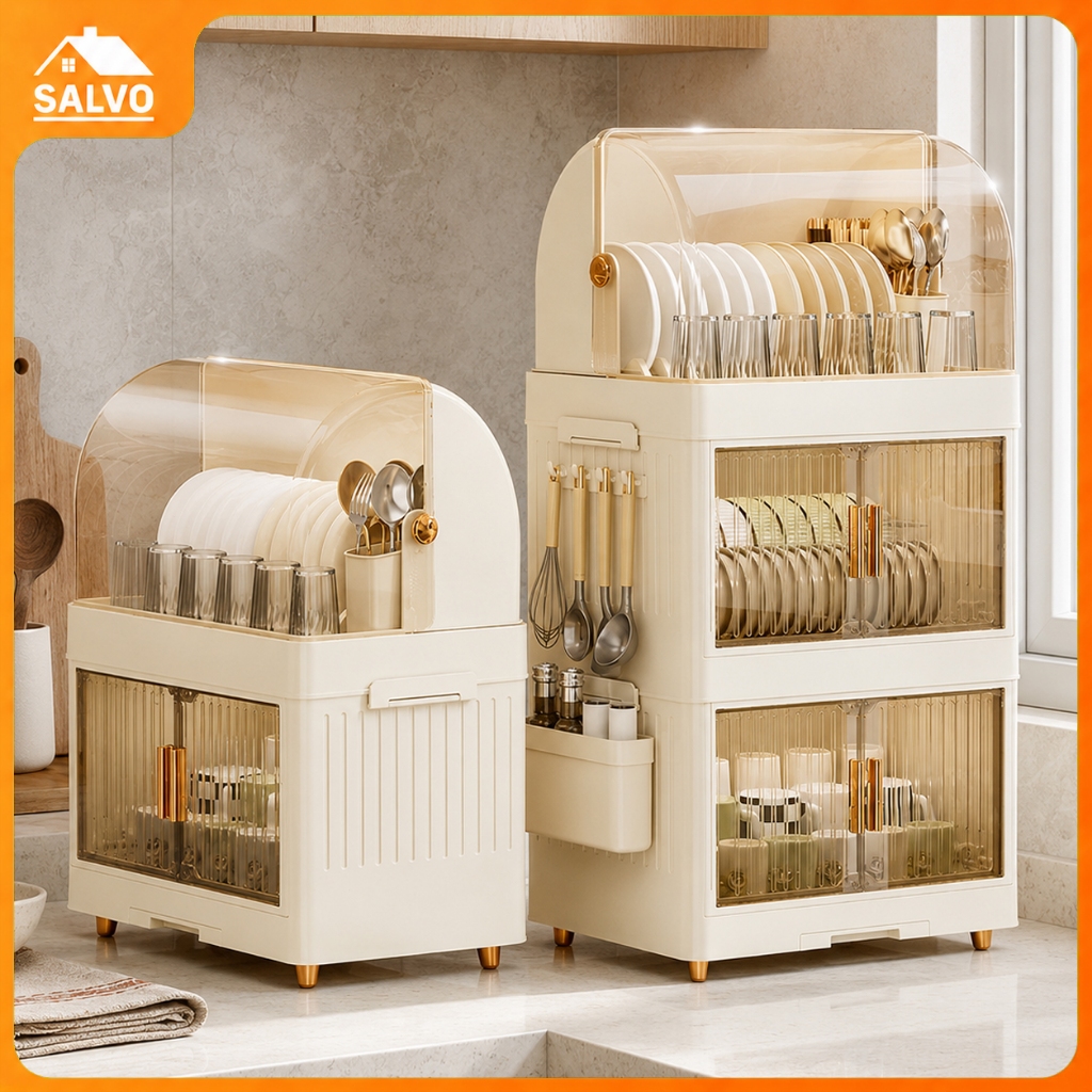 SALVO ตู้เก็บจาน ชั้นวางจานมีฝาปิด 1-4 ชั้น ป้องกันฝุ่นและแมลง