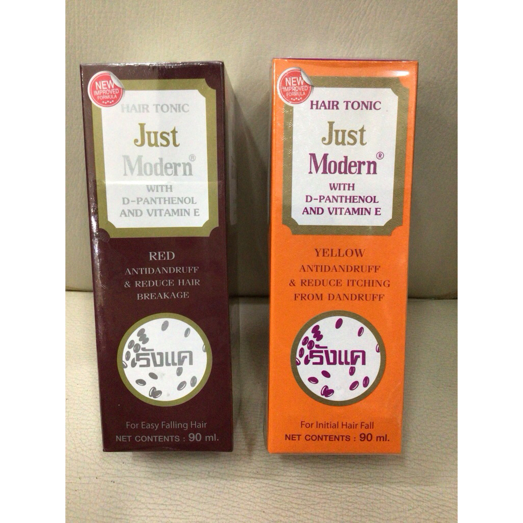 Just Modern Hair Tonic ยาสระผม Just Modern สีแดงและสีเหลือง บรรจุ 90 มล. ป้องกันรังแคและลดผมหลุดร่วง