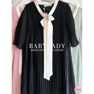 [BB 799] ชุดคลุมท้อง | BABYLADY ♡ - เดรสชีฟองอัดพลีท โบว์อกประดับเพชร ใส่ทำงานได้