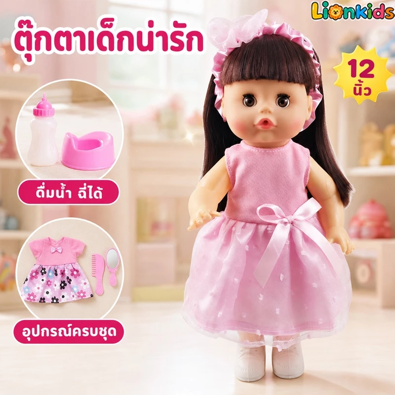 LionKids ตุ๊กตาฉี่ได้ ตุ๊กตา ตุ๊กตาเด็กผู้หญิง ตุ๊กตามีเสียง กระพริบตาได้ กินนมได้ ร้องได้มีเสียง