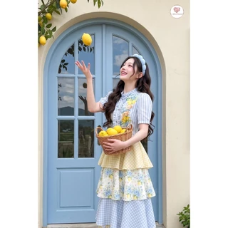 (มี3XL) Maria Diamond สีฟ้าเหลือง Double Lime Dress เดรสยาวผ้าชีฟองกลิตเตอร์พิมพ์ลาย ดีเทลกระโปรงเลเยอร์ ซิปหลัง มีซับใน