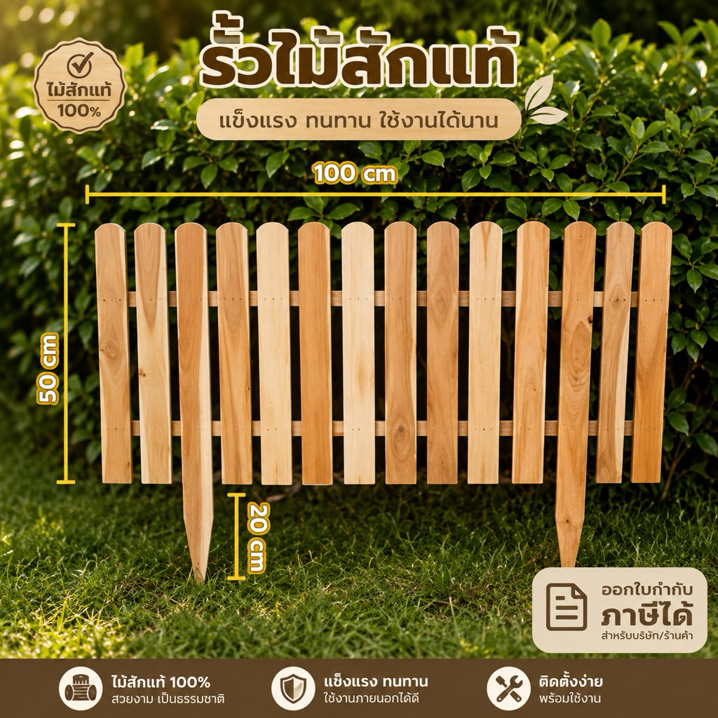 รั้วสนามไม้สักแท้ #ราคาส่ง5แผ่น ✅ออกใบกำกับภาษีได้ค่ะ💯 รั้วไม้สักคัดเกรดขนาดไม่รวมขา50*100cm ขาปัก20cm รวม70cm