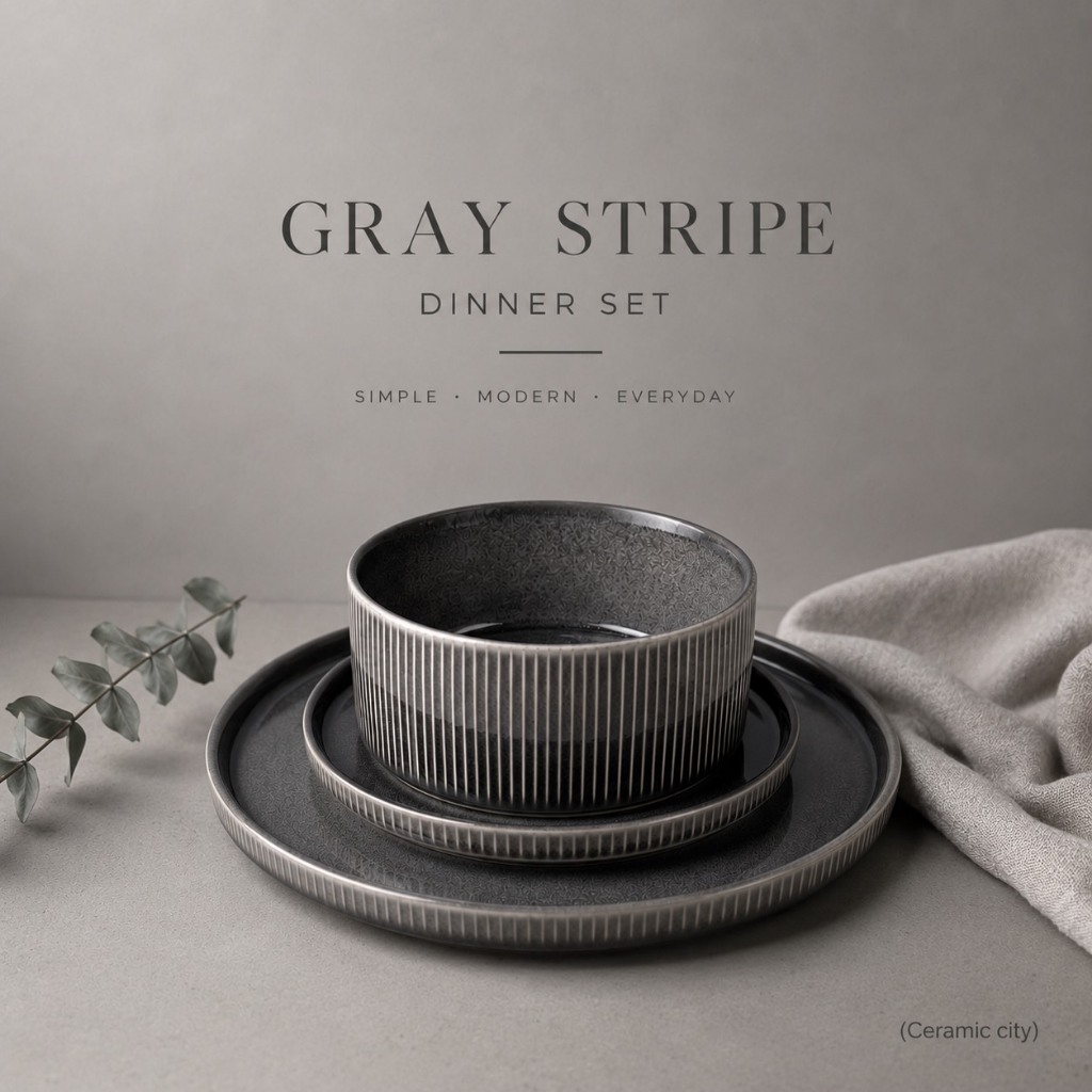 จานชาม Gray Stripe ลายเส้นเรียบหรู สำหรับใช้ในชีวิตประจำวัน มี 3 ขนาดให้เลือก