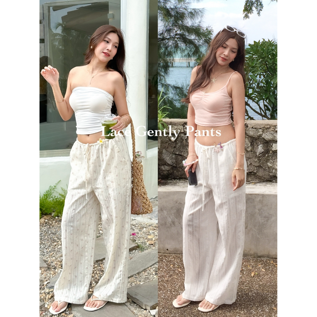 COZY CLUB. - LACE GENTLY PANTS กางเกงขายาวผ้าคอตตอนลูกไม้ เอวยางยืด มีซับใน