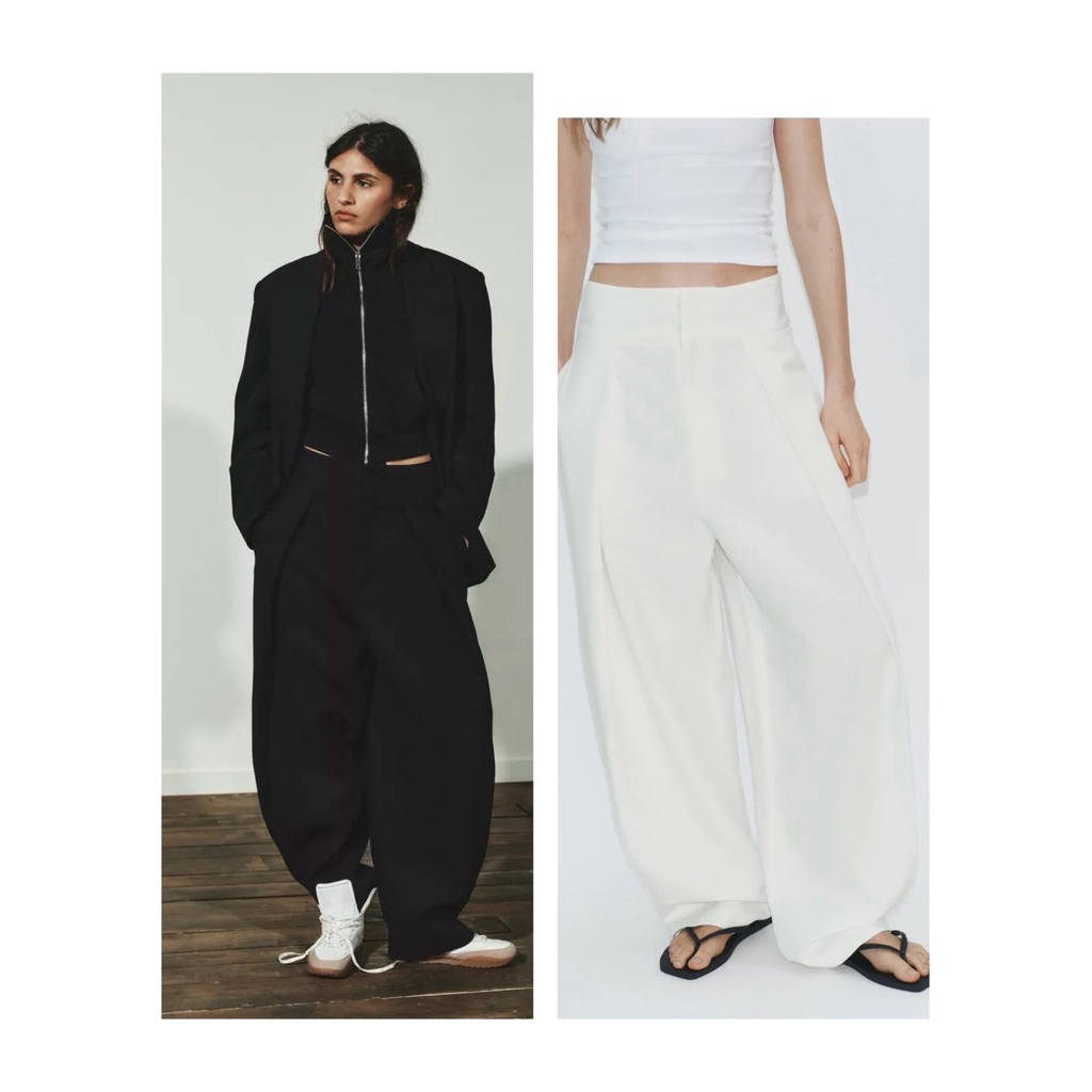 ZARA Balloon Trouers กางเกงผ้าคอตตอน เอวสูง (เหนือสะดือ) ผ้ายืด งานแท้