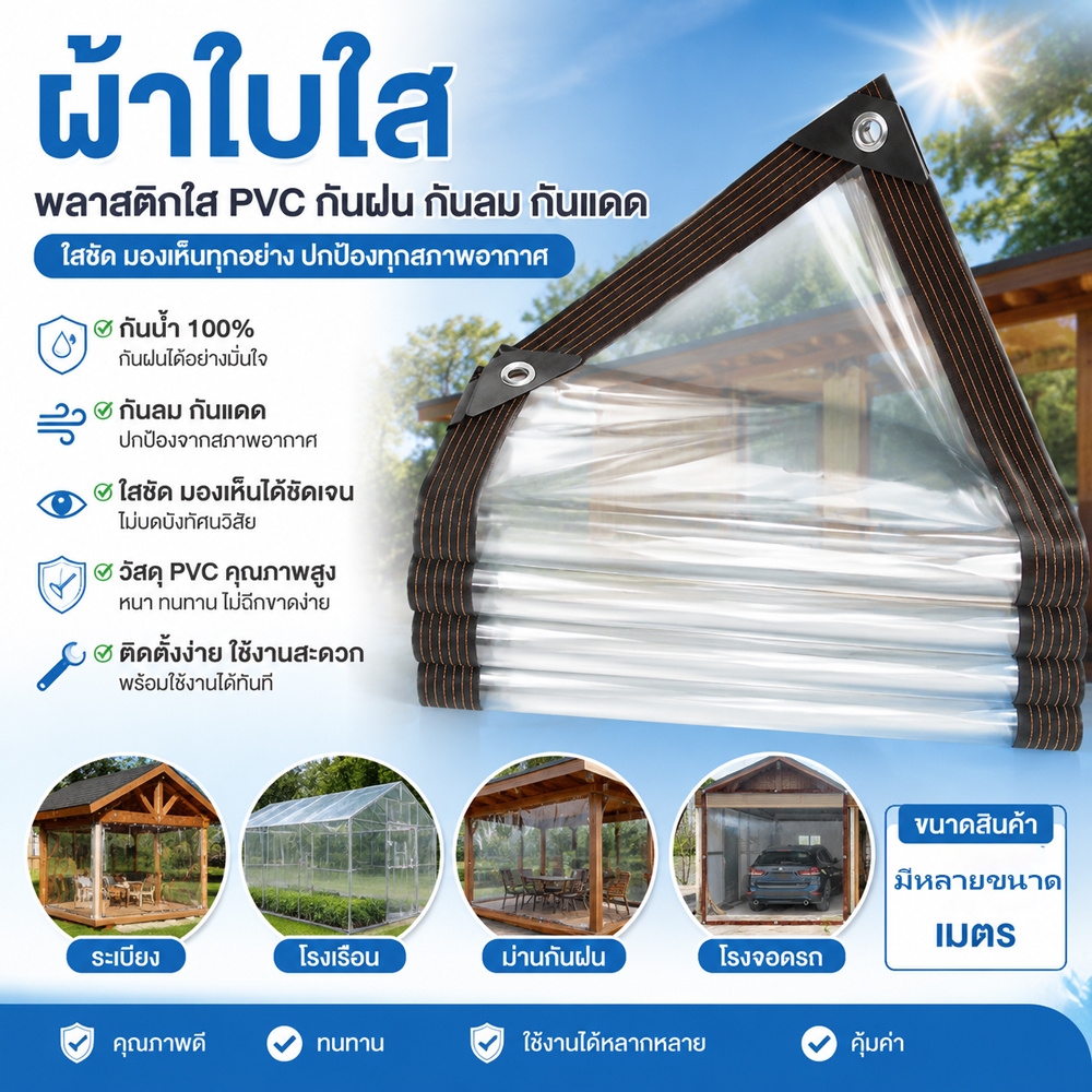 ผ้าใบใส PVC พลาสติกใสหนาพิเศษ ม่านกันฝนกลางแจ้ง กันน้ำ100% สำหรับระเบียง โรงเรือน