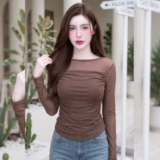 สินค้าพร้อมส่ง เสื้อแฟชั่น ผ้าซีทรูพรีเมี่ยม แขนยาว แต่งเลเยอร์จับจีบข้าง ทรงสวยรัดรูป ใส่สบาย ดีไซส์สวย เรียบหรู
