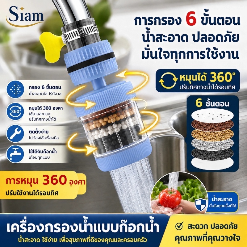 Siam หัวต่อก๊อกน้ำ กรองน้ำ 6 ชั้น หมุนได้ 360 องศา กันน้ำกระเซ็น เครื่องกรองน้ำห้องครัว ฝักบัวกรองน้ำ  พร้อมส่ง COD