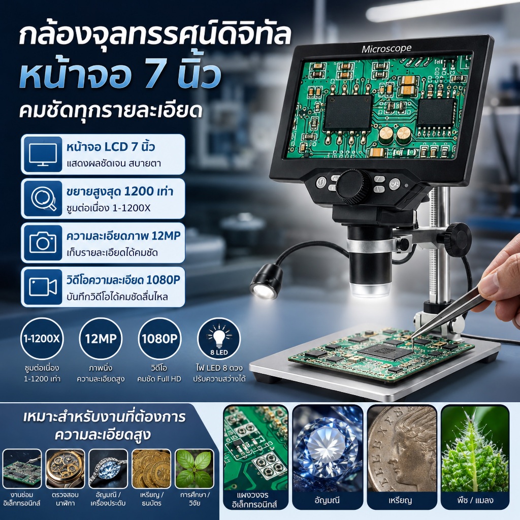 กล้องจุลทรรศน์ดิจิทัล 7 นิ้ว ซูม 1200X 12MP HD กล้องจุลทรรศน์อิเล็กทรอนิกส์  กล้องจุลทรรศน์วิดีโอสําหรับ PCB, เหรียญ