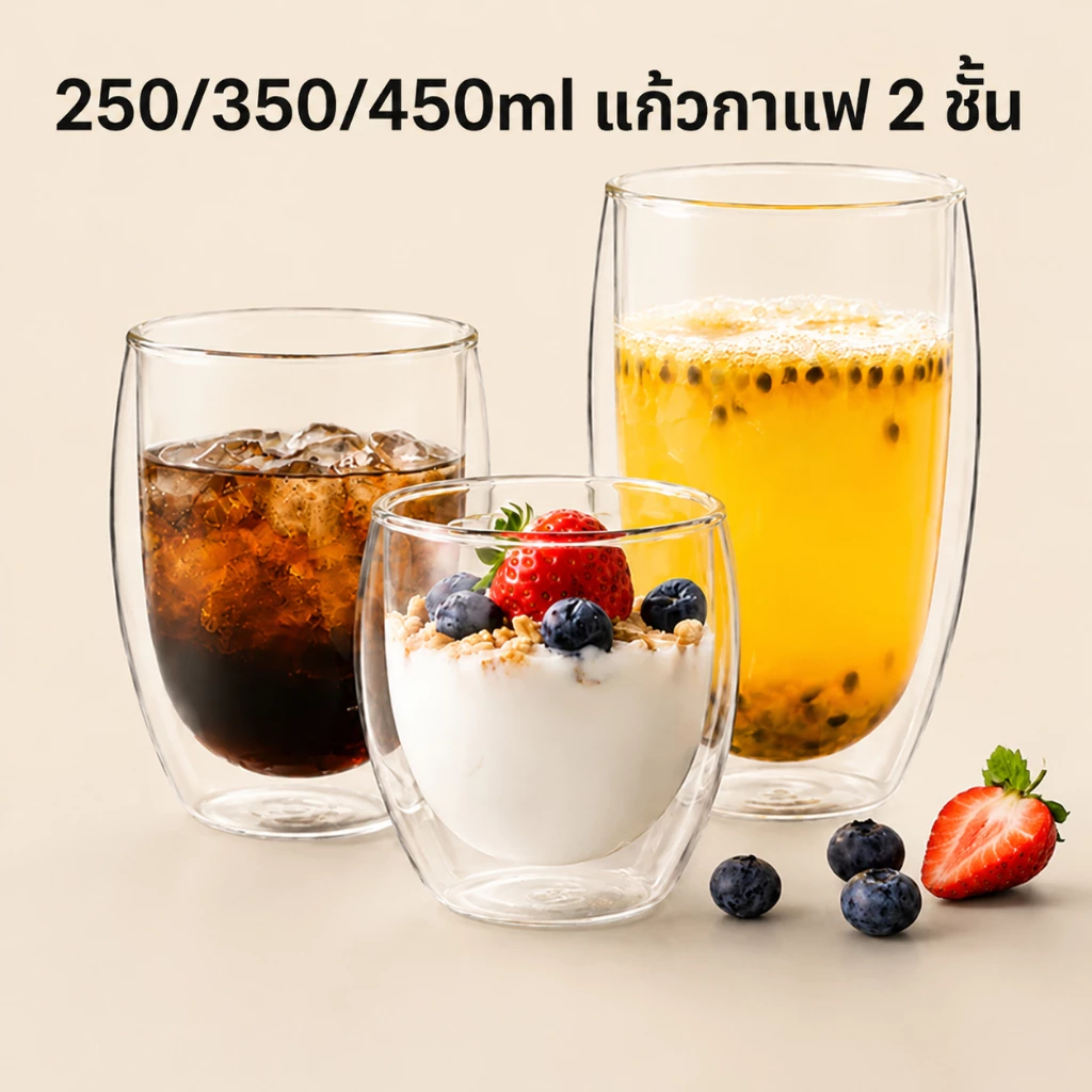 แก้วกาแฟสองชั้นแก้วแก้วชา ทนความร้อนได้ สามารถใส่นม น้ำร้อน ขนาด 250/350/450/650ml เหมาะใช้ในคาเฟ่ ร้านกาแฟ