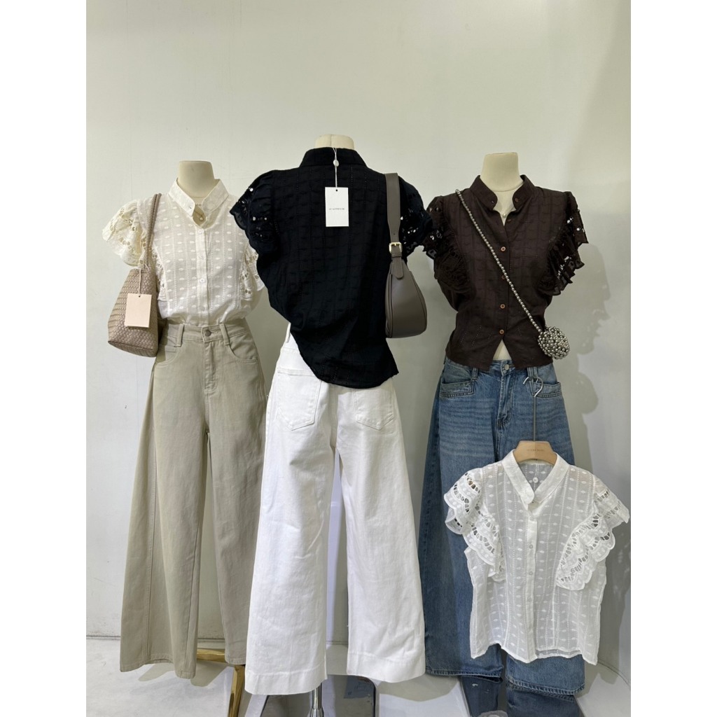 M2086 เสื้อเชิ้ตคอจีนงานปักฉลุ "Lace Ruffle" สวยแพง สไตล์ลักชู