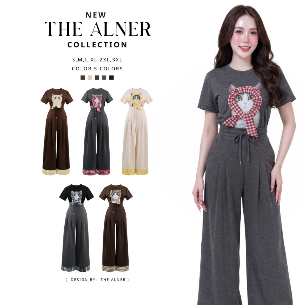 เซตเสื้อคอกลมแขนสั้นลายแมว กางเกงขายาว