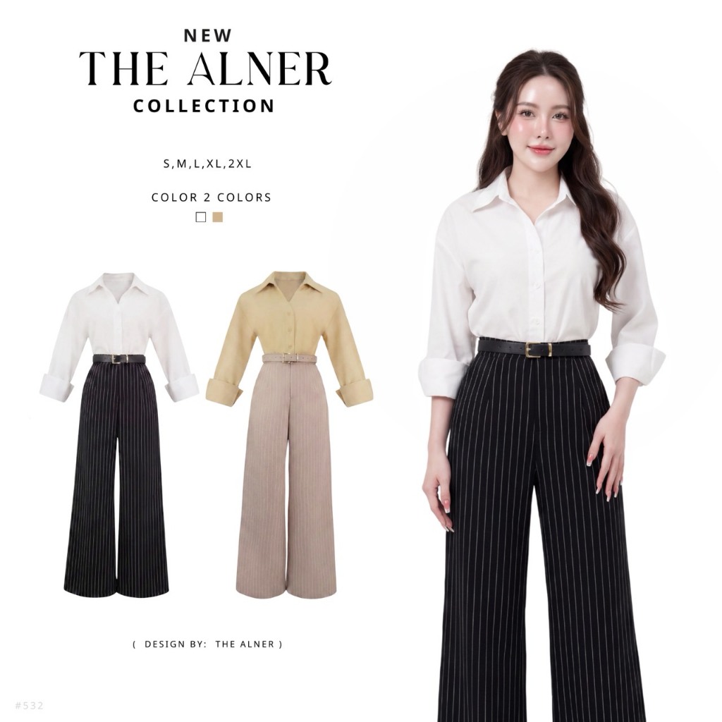 Thealner-AN532 (เซ็ตเสื้อเชิต กางเกงขายาวลายริ้ว+เข็มขัด)