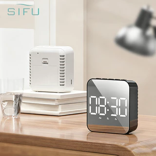 SIFU นาฬิกาอิเล็กทรอนิกส์ LED ทรงสี่เหลี่ยม นาฬิกาปลุกตั้งโต๊ะ นาฬิกาดิจิตอล แสดงวันที่ เดือน อุณหภูมิ จอ LED ขาวดำ