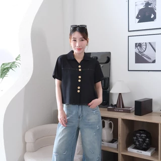 Lawyer Store | [921982] เสื้อคอปกแขนสั้น กระดุมคู่ แต่งตะเข็บ ผ้าฝ้ายลินิน ใส่สบาย เสื้อผู้หยิง เสื้อแขนสั้น เสื้อเชิ๊ต