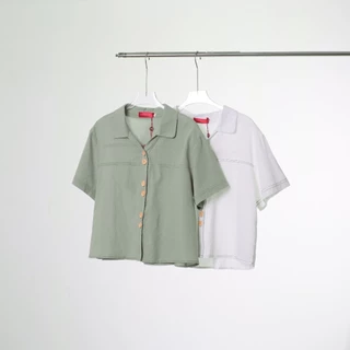 Lawyer Store | [921982] เสื้อคอปกแขนสั้น กระดุมคู่ แต่งตะเข็บ ผ้าฝ้ายลินิน ใส่สบาย เสื้อผู้หยิง เสื้อแขนสั้น เสื้อเชิ๊ต