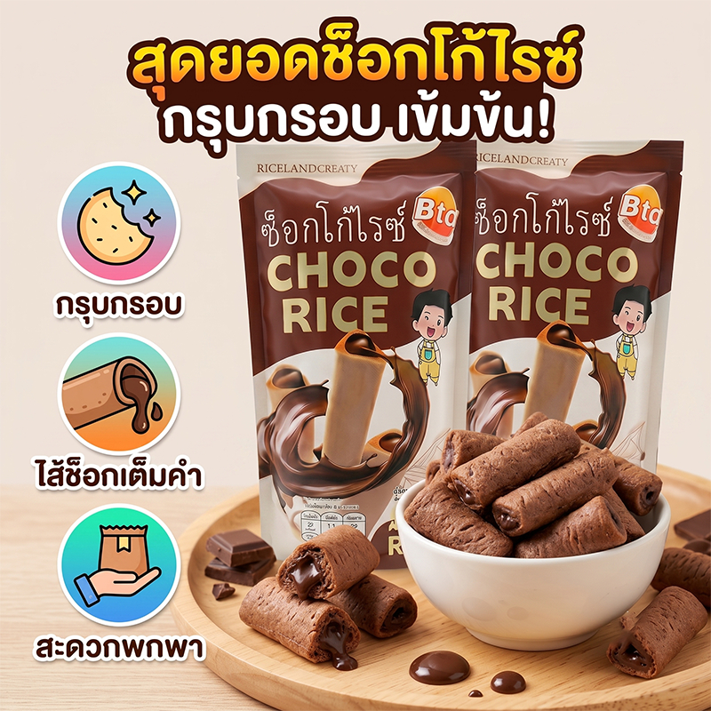 BTC CHOCO RICE ขนมข้าวอบกรอบ สอดไส้ช็อกโกแลตเข้มข้น ขนมขบเคี้ยวคุณภาพ ทานง่าย ขนาด 23 กรัม