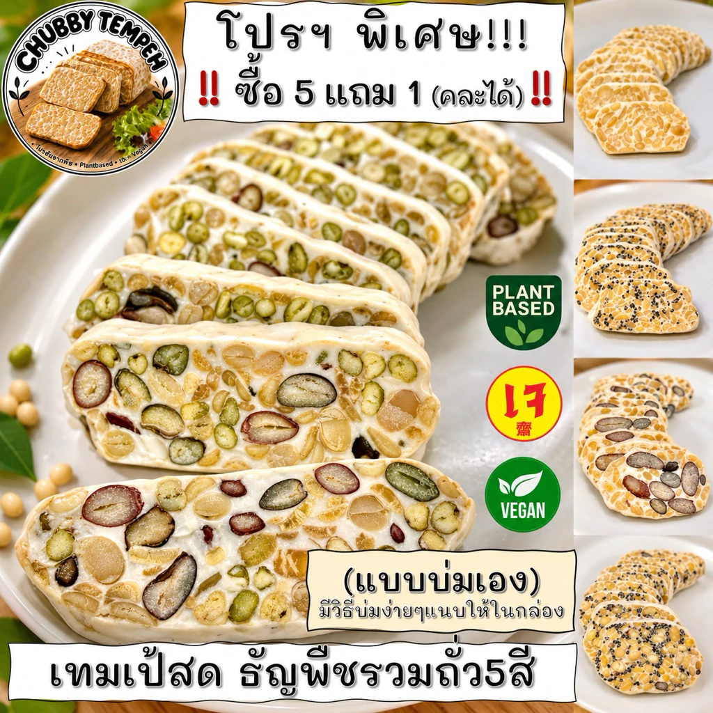 เทมเป้สด ธัญพืชถั่วรวม5สี🫘(5แถม1) 100g. (แบบบ่มเอง) โปรตีนจากพืช PlantBased เจ Vegan มังสวิรัติ Tempeh