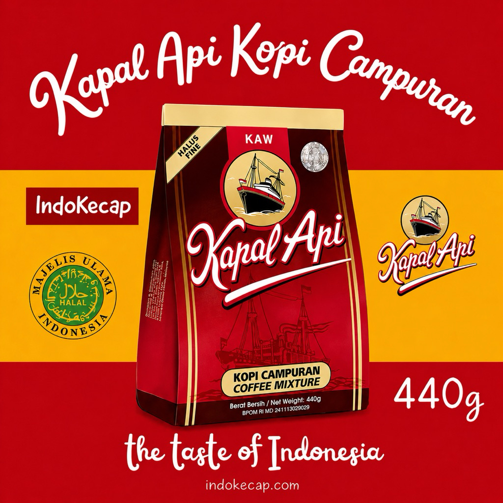 กาแฟดำ Kapal Api นำเข้าจากอินโดนีเซีย กลิ่นหอม เข้มข้น กลมกล่อม ไม่เปรี้ยว ขนาด 440 กรัม