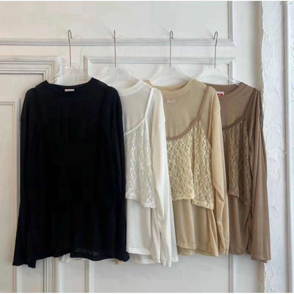 RW150 เซท 2 ชิ้น เสื้อแขนยาวสลาฟ (โปร่งและบาง) พร้อมสายเดี่ยวลูกไม้ (ไม่ได้เย็บติดกันนะคะ)
