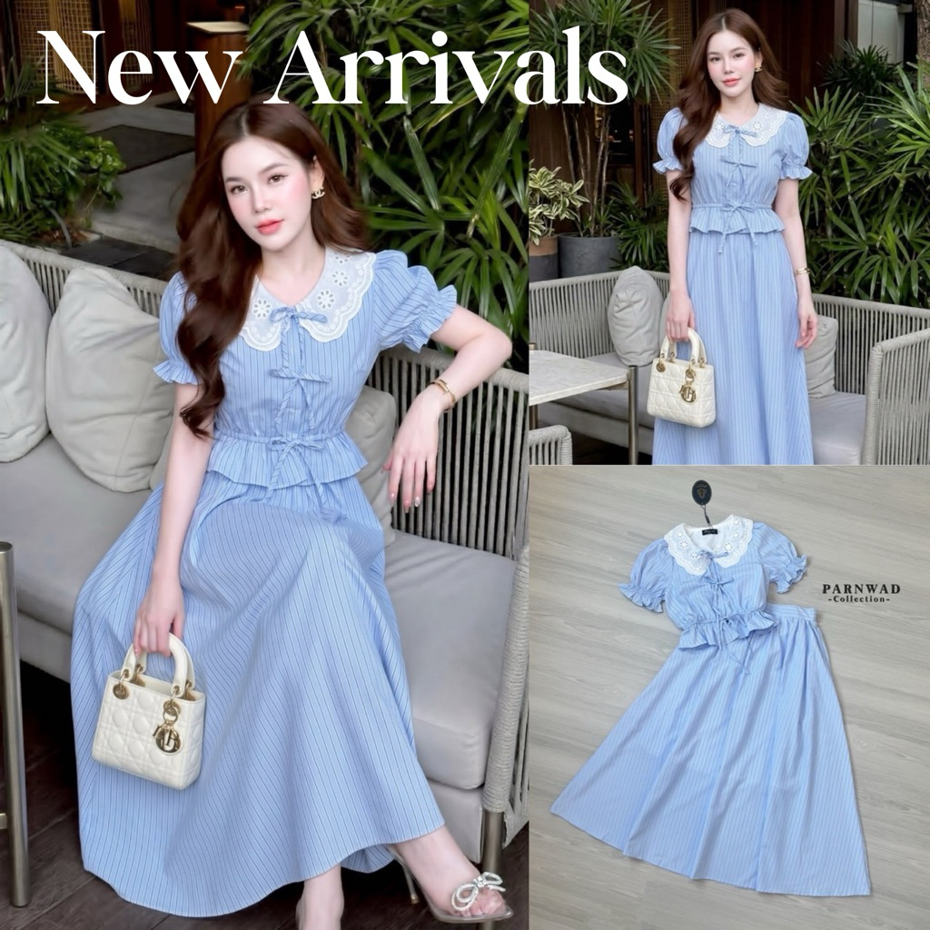 Parnwad-7279-ชุดวันแม่ ชุดสีฟ้าพร้อมส่ง-เกาหลีเกาใจสุดๆ Set เสื้อลายริ้วแขนตุ๊กตา ปกลูกไม้เกาหลี ช่วงเอวจั๊มยางยืด