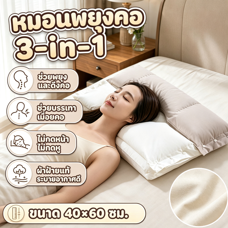 3in1หมอนรองคอ 40*60cm850g ถอดออกได้ ดึงคอ แก้ปวดคอ ไม่กดหน้า ไม่กดหู กันไรฝุ่น ระบายอากาศ รองรับสรีรศาสตร์ Healthy sleep
