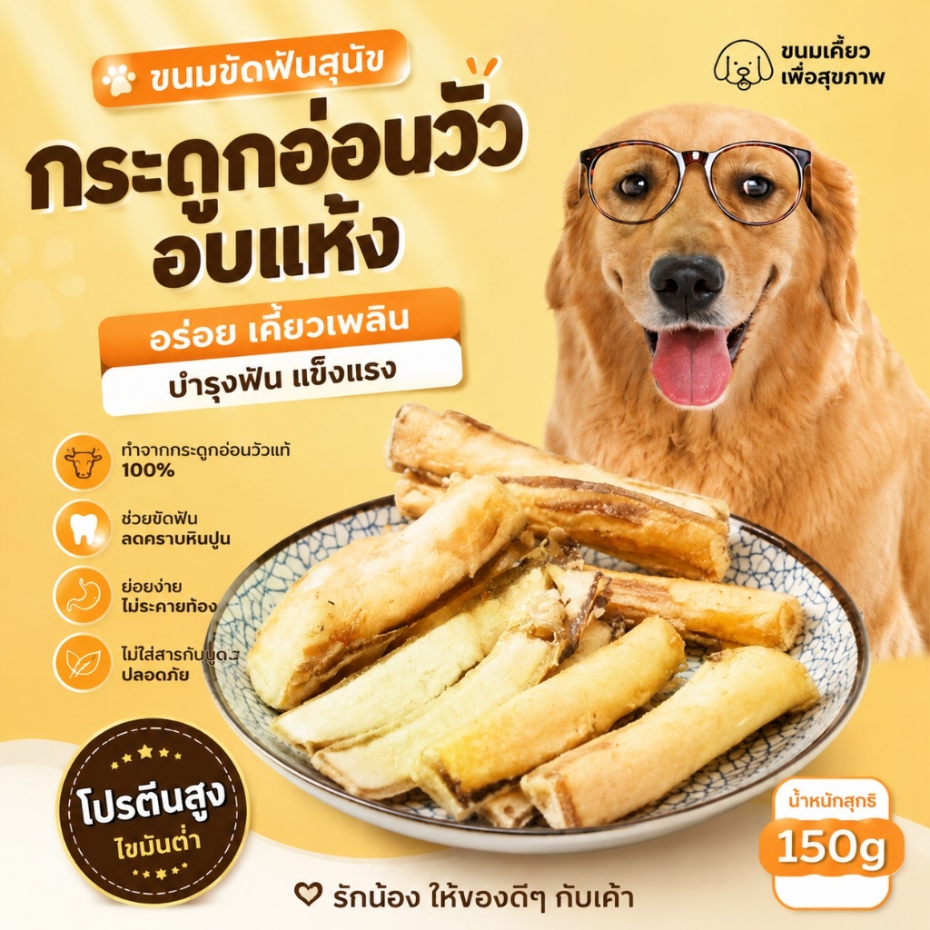 99Living กระดูกอ่อนวัวแท้ ขนมสุนัขธรรมชาติ ของเคี้ยวเล่น ทนกัด ช่วยขัดฟัน เคี้ยวได้นาน ไม่มีสารกันเสีย