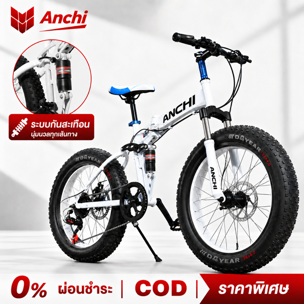 ANCHI จักรยานล้อโต ยางหนา 26 นิ้ว พับได้ เสือภูเขา 21 สปีด โช้คคู่ ดิสก์เบรกคู่ รับน้ำหนัก 200 กก ชา