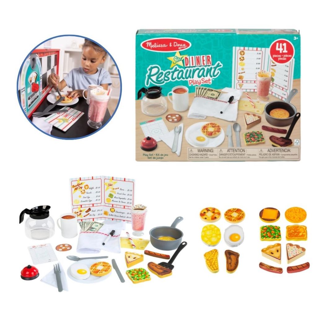 (ของแท้ USA) ของเล่นอาหาร เปิดไดเนอร์ เมนู กระดิ่ง กาแฟ อุปกรณ์ครบ อย่างดี ทนทาน Diner Kitchen Restaurant Melissa & Doug — صورة 2