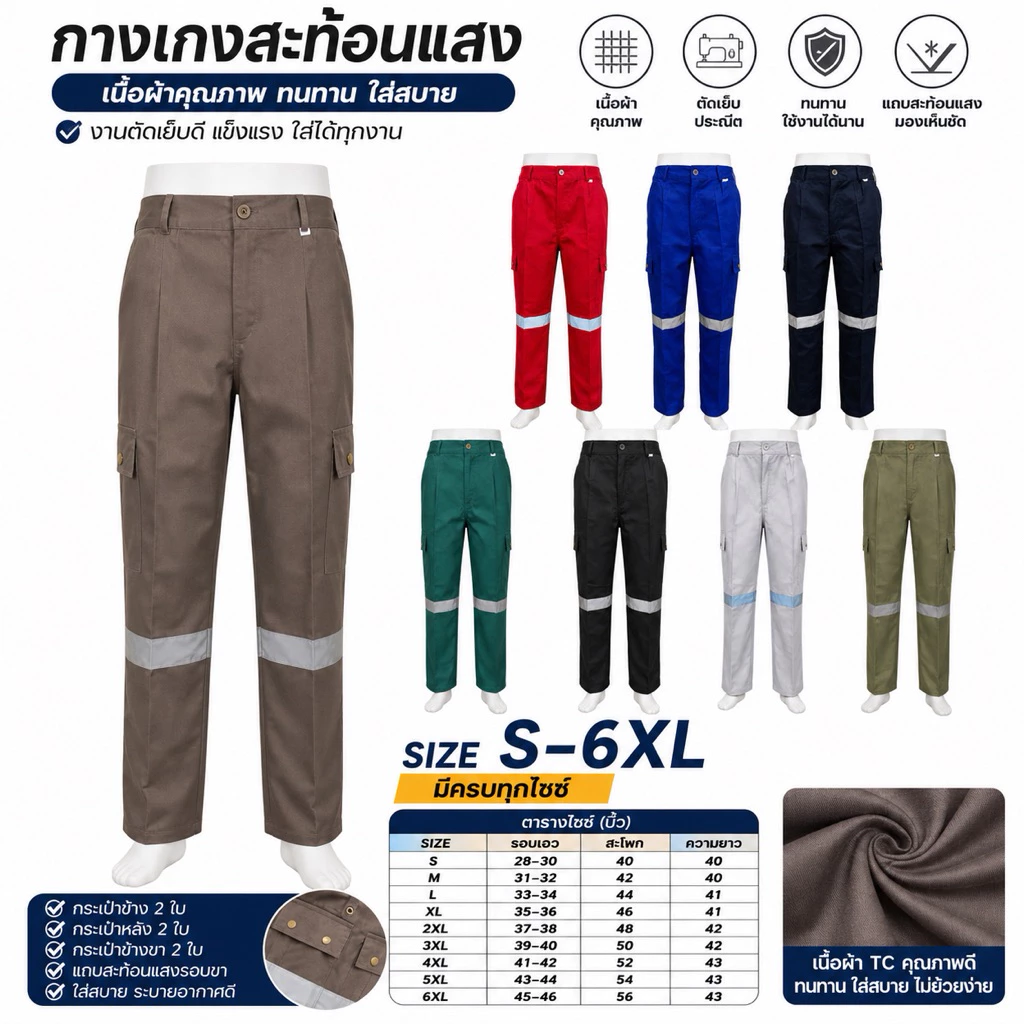 (พร้อมส่ง)กางเกงช็อปช่าง ทรงกระบอกเล็ก 6 กระเป๋า เนื้อผ้าโพลีเอสเตอร์ผสมฝ้าย(กันสะเก็ตไฟ) กระดุมทองไม่ขึ้นสนิท (S-6XL)