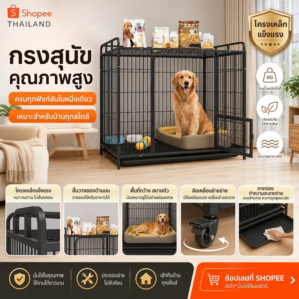 กรงสุนัข Dog Cage พร้อมชั้นวางของ Heavy Duty แข็งแรง กันสนิม มีถาดรอง Safety Lock