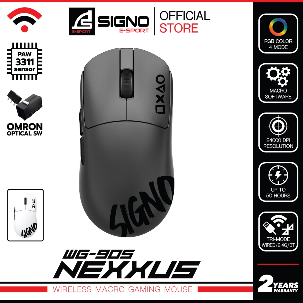 SIGNO WG-905 เมาส์เกมมิ่งไร้สาย Wireless Gaming Mouse มาโคร 24,000 DPI คลิ๊ก 100 ล้านครั้ง เชื่อมต่อ 3 ระบบ