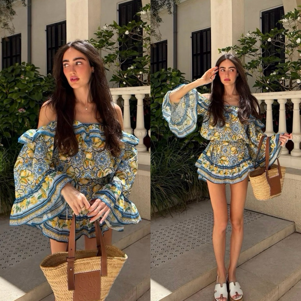 Teera❤️พร้อมส่ง✨เดรสเปิดไหล่ทรงสวย แขนบาน🍯ผ้าไหมอิตาลี่🍋 Lemon Bloom Off-Shoulder Dress 🍋