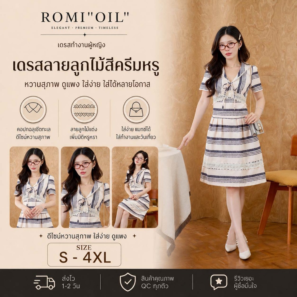 "Romi"Oil" Kari Dress (Cream) K438 ชุดเดรสสีครีม (แต่งลูกไม้ผูกโบว์ด้านหน้า)