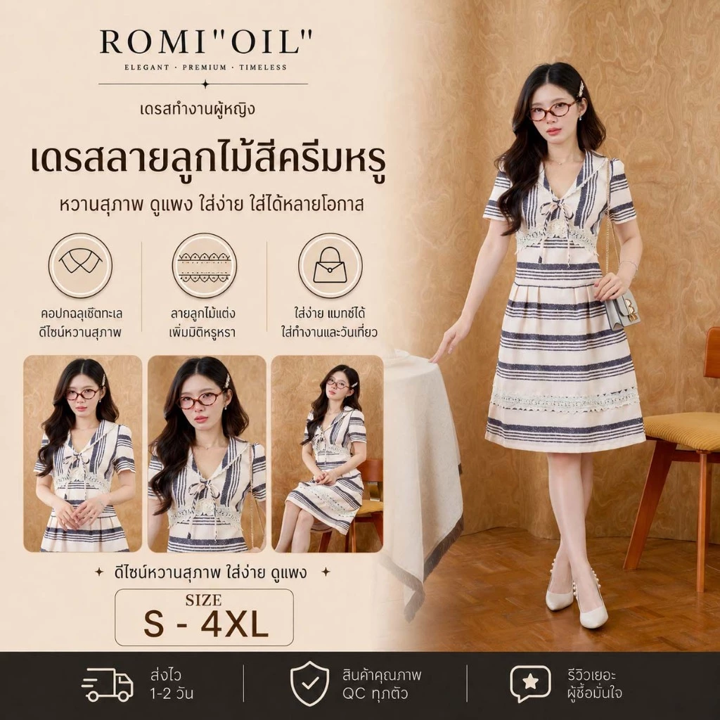"Romi"Oil" Kari Dress (Cream) K438 ชุดเดรสสีครีม (แต่งลูกไม้ผูกโบว์ด้านหน้า)