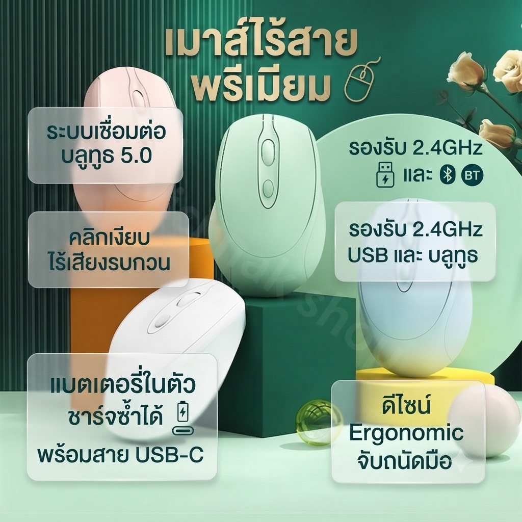 เม้าส์ไร้สายบลูทูธUSB เสียงเงียบ มีแบตเตอรี่ในตัว ปรับความเร็วเม้าส์ได้(มีสายชาร์ทไฟ)