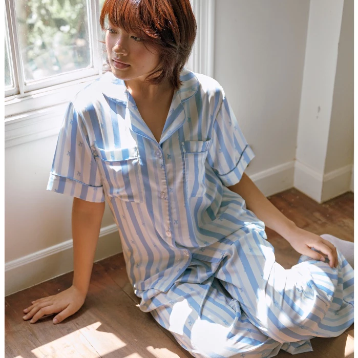MUSLIN Ribbon Stripes - Silk Satin Pajamas [Basic collection]