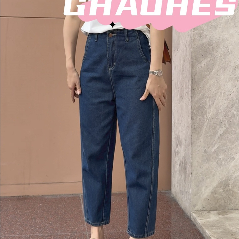 GHAOHES  กางเกงยีนส์ ทรงเก้า ส่วน เอวสูง สไตล์วินเทจ ช่วยให้ดูผอม เหมาะสำหรับสาวไซซ์ใหญ่ V125