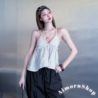 🔥aimorn_shop🔥 เสื้อสายเดี่ยว ลายริ้วสวยเก๋มาก ปรับสายได้ งานสายเดี่ยวระบาย ด้านหลังเป็นสม็อค