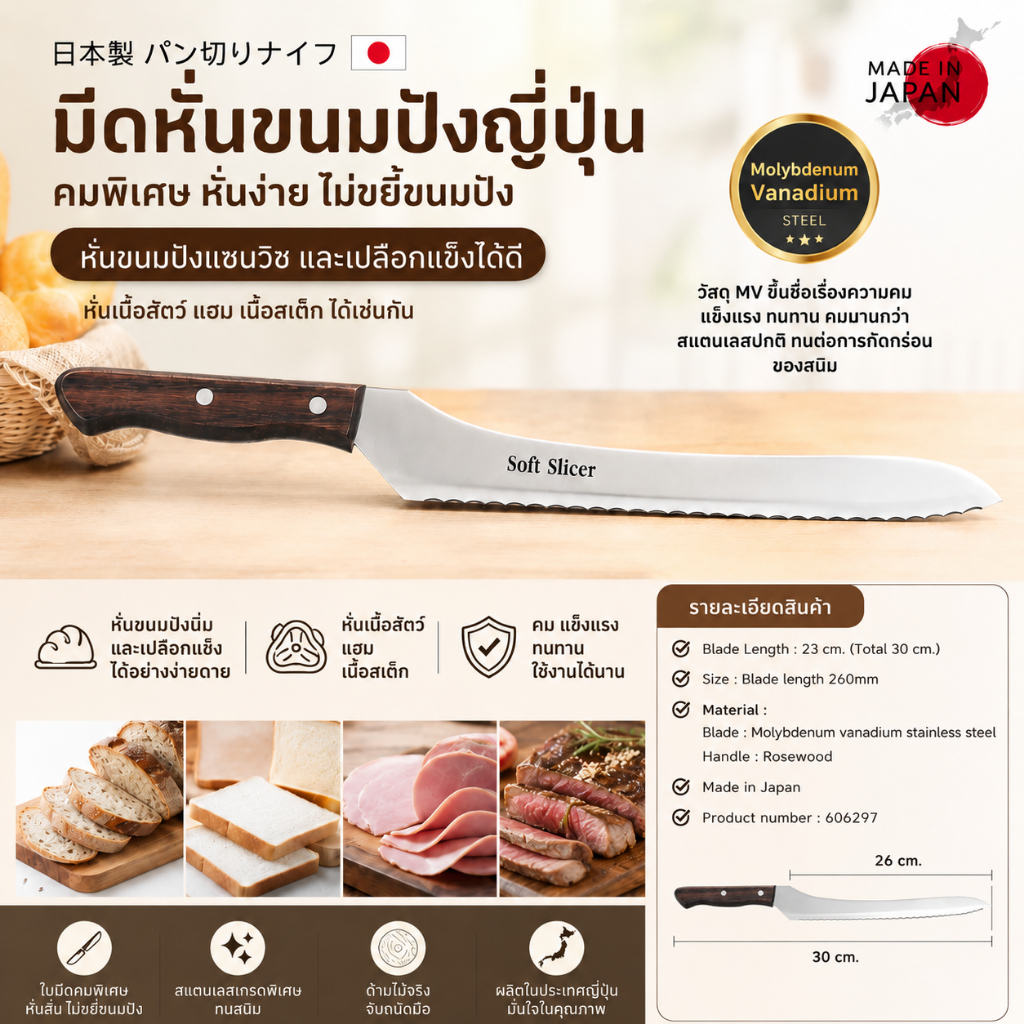 มีดหั่นขนมปังญี่ปุ่น 30 cm Bread Knife Soft Slicer MADE IN JAPAN