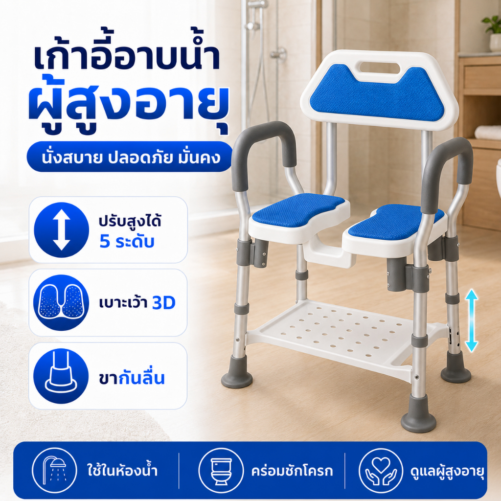 เก้าอี้อาบน้ำผู้สูงอายุ เก้าอี้นั่งอาบน้ำ ปรับระดับ 38.5-48.5ซม. รับน้ำหนัก 150กก. โครงอะลูมิเนียม เบาะ EVA นุ่ม กันลื่น